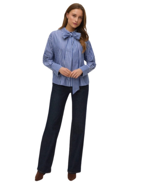 Camicia a Righe Azzurre con Fiocco al Collo | Casual Chic