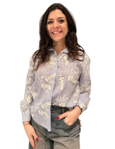 Camicia Gessata Donna con Ricami Floreali | Azzurra Elegante