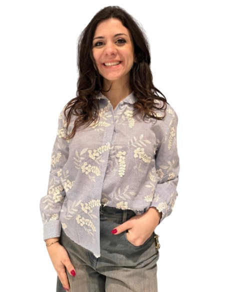 Camicia Gessata Donna con Ricami Floreali | Azzurra Elegante