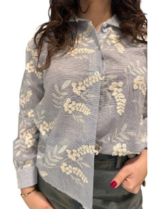 Camicia Gessata Donna con Ricami Floreali Azzurro e Panna