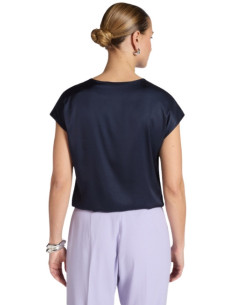 Blusa Donna Scollo a V Blu Notte Satin con Maniche Kimono