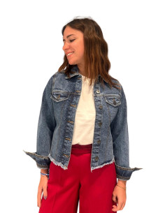 Giubbino Jeans Denim Blu con Orlo Sfrangiato