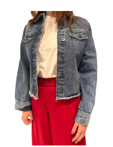 Giubbino Jeans Denim Blu con Orlo Sfrangiato