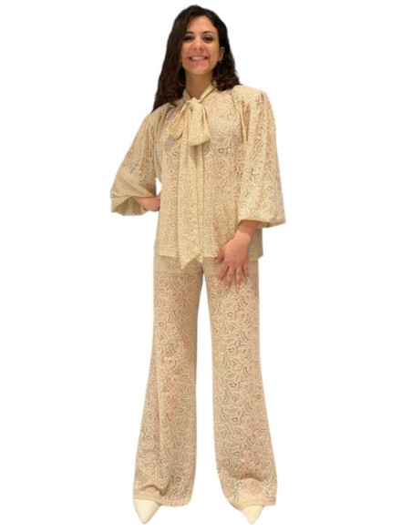 Camicia in Merletto Beige con Fiocco Motel