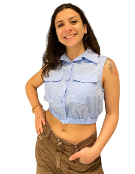 Camicia Crop Celeste con Tasche NoSecret