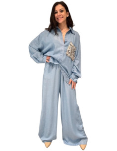 Camicia Denim con Tasca in Paillettes Argentate Tensione IN
