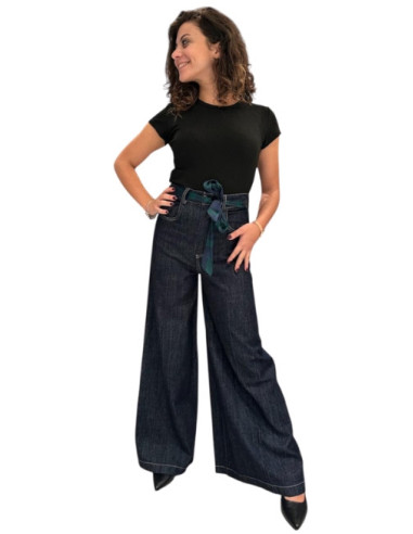 Jeans Palazzo Denim con Nastro in Vita