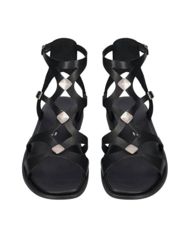 Sandalo Gladiatore Nero Pelle Rombo Argento Made in Italy