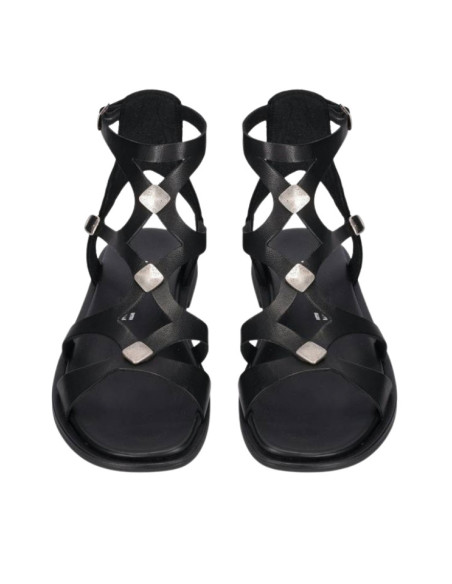 Sandalo Gladiatore Nero Pelle Rombo Argento Made in Italy