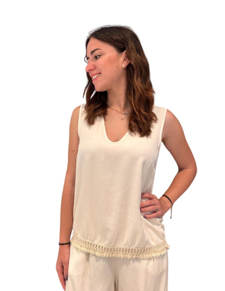 Canotta con Frangia sul Fondo Latte Zahjr | Glamour Shop