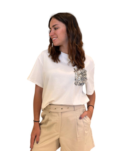 T-shirt Boxy con Taschino in Paillettes Bianca Zahjr | Glamour Shop