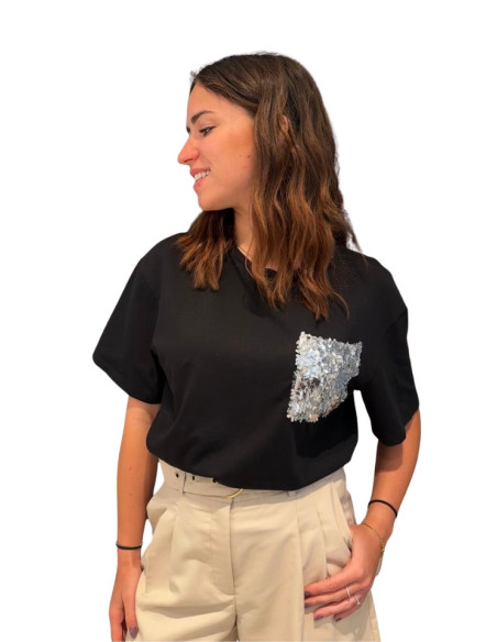 T-shirt boxy taschino paillettes NERO