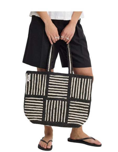 Borsa Tote in Juta Nero Patchwork | Shopper a Righe Strutturata