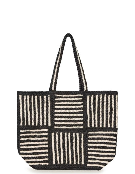 Borsa Tote in Juta Nero Patchwork | Shopper a Righe Strutturata