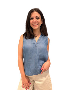 Top smanicato con collo DENIM