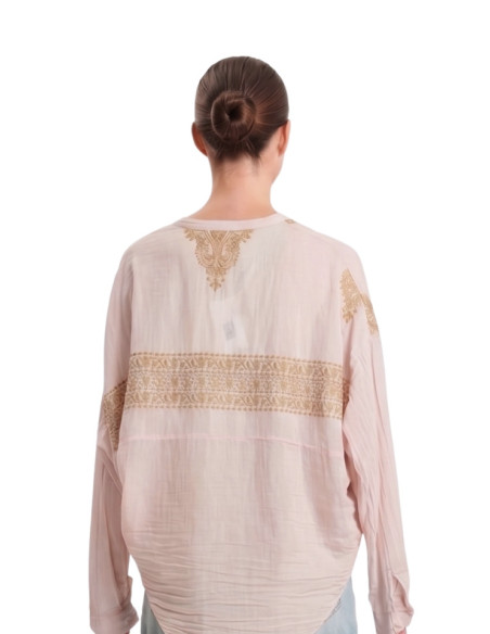 Camicia Donna Misto Seta Ricamata Rosa Motel