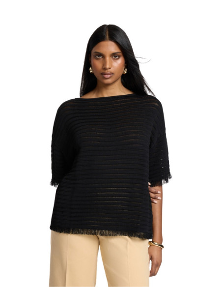 Maglia Donna Manica Corta con Frange Nero Elena Mirò