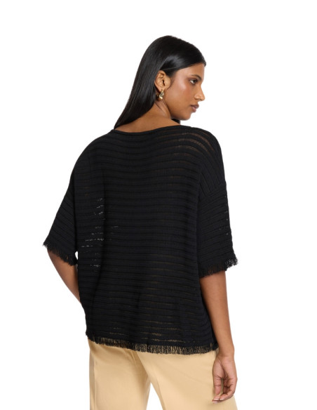 Maglia Donna Manica Corta con Frange Nero Elena Mirò