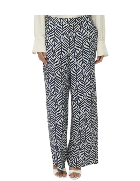 Pantalone Donna Wide Leg Fantasia Foglie Bianco Blu Vero Moda