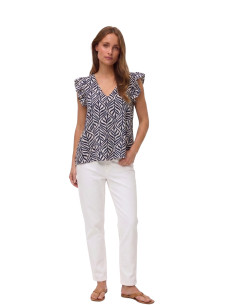 Blusa scollo a V stampa tropical blue
