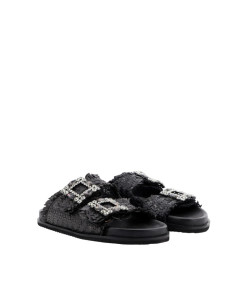 Sandalo Doppia Fascia Intrecciata Nero con Fibbie Strass...