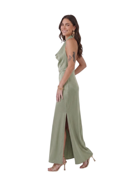 Abito Lungo Verde Effetto Seta ZAHJR Scollo Halter | Cerimonia