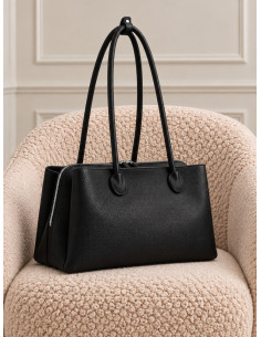 Shopping Bag Nera Effetto Saffiano manici tubolari e vano...