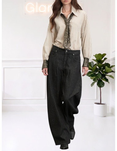 Camicia Le Streghe Gessata Beige con Paillettes A26DL102
