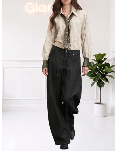 Camicia Le Streghe Gessata Beige con Paillettes A26DL102