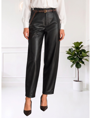 Pantalone Chino Nero in Ecopelle a Vita Alta | Zahjr