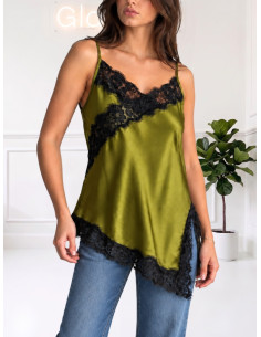 Top Satinato Olio con Pizzo Asimmetrico | Zahjr