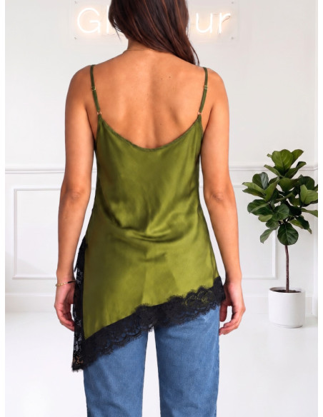 Top Satinato Olio con Pizzo Asimmetrico | Zahjr