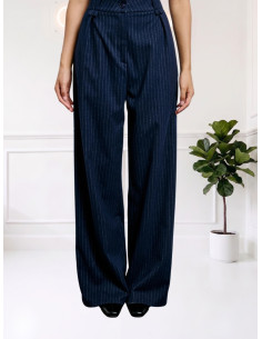 Pantalone Gessato a Gamba Ampia Blu | Two Way