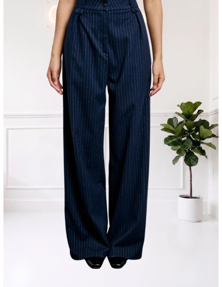 Pantalone Gessato a Gamba Ampia Blu | Two Way