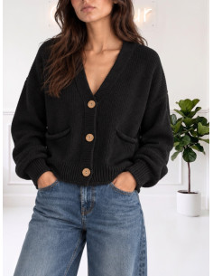 Cardigan Nero con Bottoni Effetto Legno | Zahjr