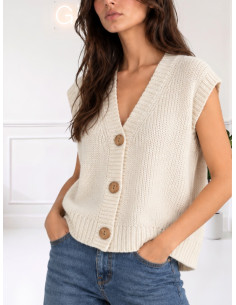 Gilet scollo V bottoni legno LATTE