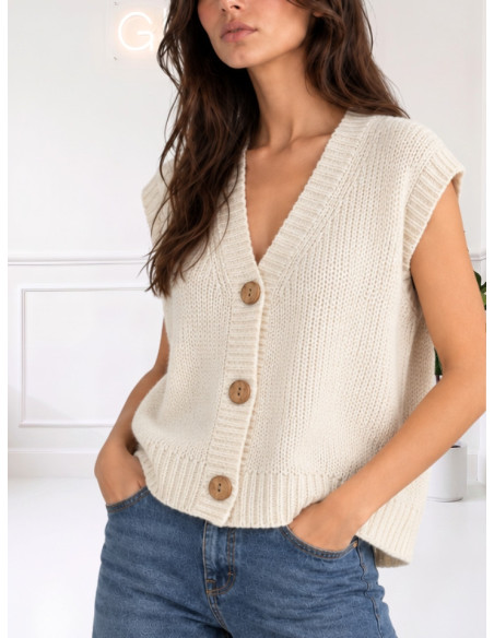 Gilet scollo V bottoni legno LATTE