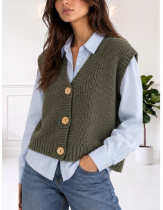 Gilet scollo V bottoni legno MILITARE