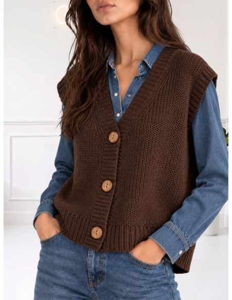 Gilet scollo V bottoni legno MORO