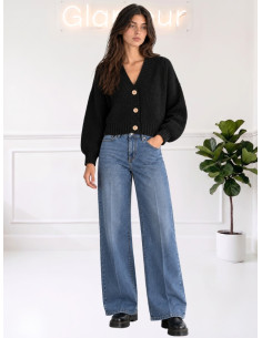Cardigan in Maglia Nero con Bottoni Effetto Legno - Zahjr