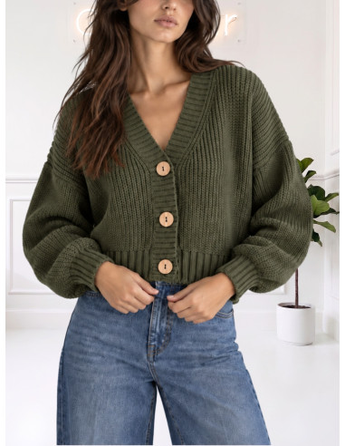 Cardigan Verde Militare con Bottoni Effetto Legno | Zahjr