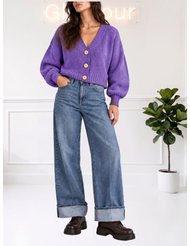 Cardigan Viola in Maglia con Bottoni Effetto Legno | Zahjr