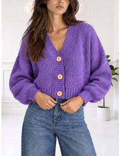 Cardigan Viola in Maglia con Bottoni Effetto Legno | Zahjr
