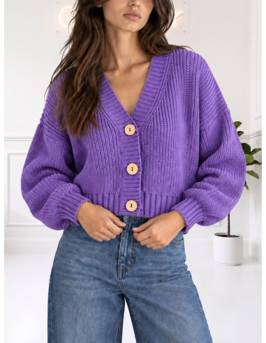 Cardigan Viola in Maglia con Bottoni Effetto Legno | Zahjr