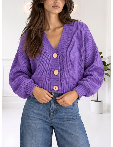 Cardigan Viola in Maglia con Bottoni Effetto Legno | Zahjr