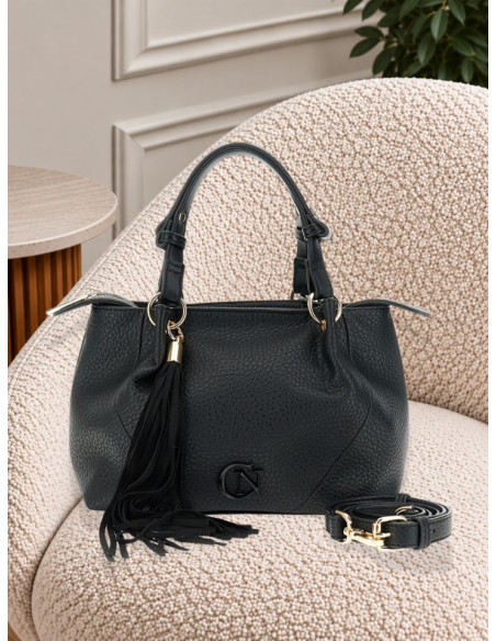 Tote Bag Nera Effetto Pelle con Frange | CaféNoir