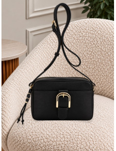 Camera bag con tasca anteriore in effetto saffiano con fibbia anteriore NERO