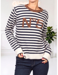 Pullover rigato N.5 BLU/CAMMELLO