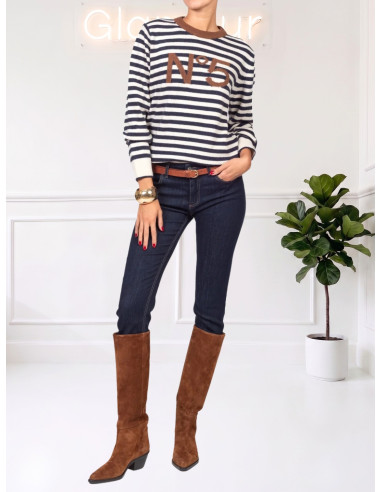 Pullover Donna a Righe Blu e Cammello N°5 | Tensione In