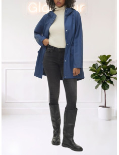 Giacca Impermeabile Cerata Denim Scuro con Cappuccio -...
